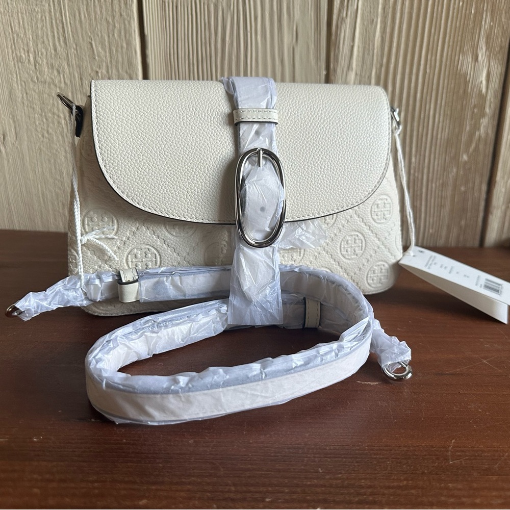 NWT Tory Burch Small T Monogram Pebble Leather Shoulder Bag Warm White MSRP $395 - Picture 9 of 9